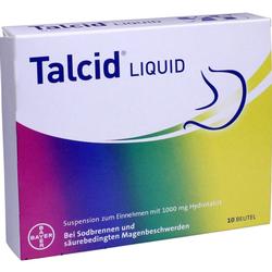 Eine Packung Talcid Liquid gegen Sodbrennen mit 10 Beuteln.