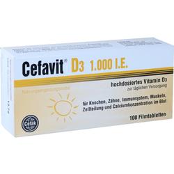 Verpackung von Cefavit D3, einem Vitamin-D3-Nahrungsergänzungsmittel, mit 100 Tabletten.